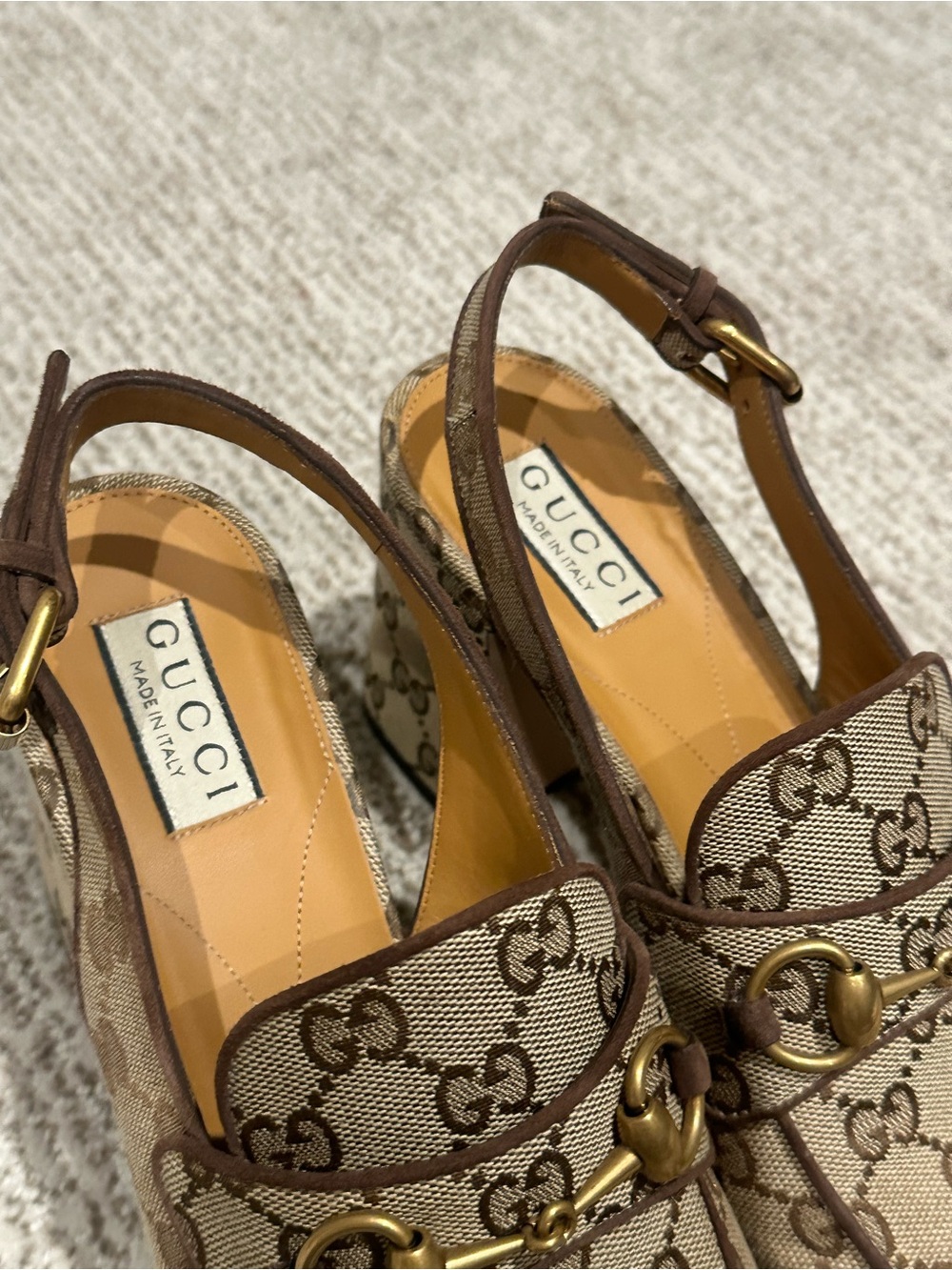 Gucci Brown GG Canvas Horsebit Slingback Platform Heels - Picture 4 of 10